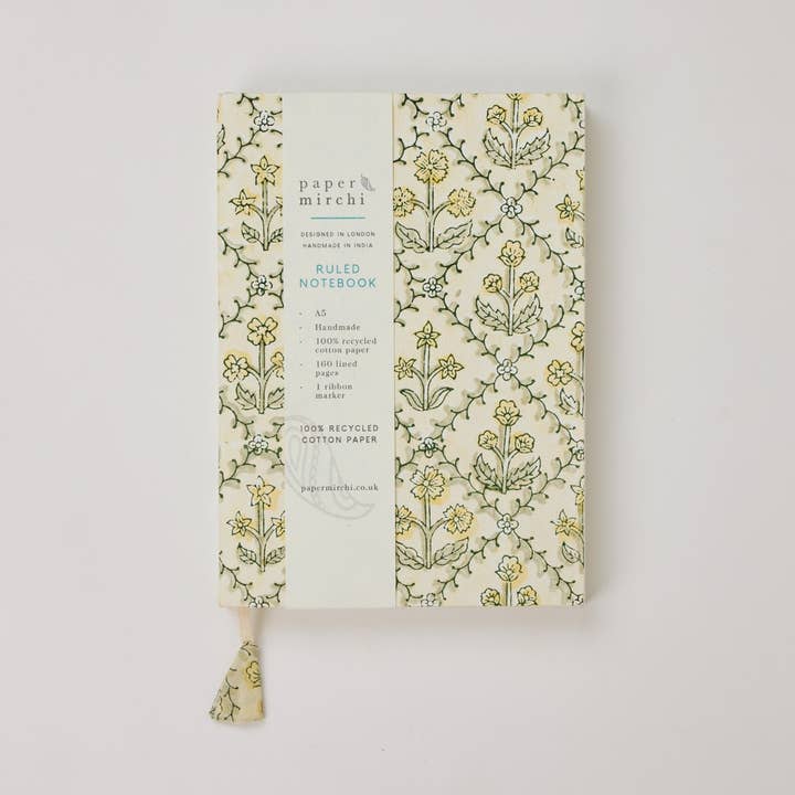 Block Printed Ruled Notebook (A5) - Floral Lattice Buttercream for wholesale by Paper Mirchi