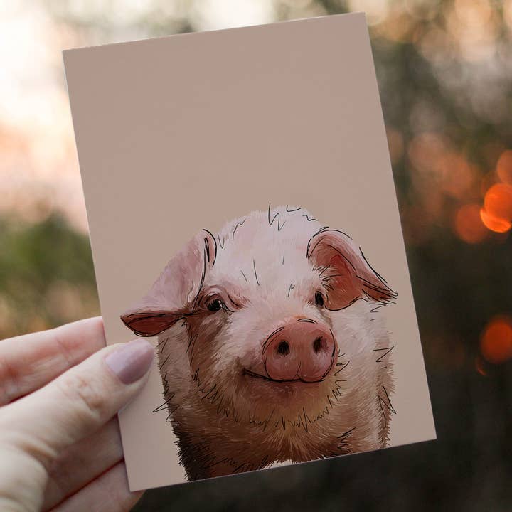 Farmyard Animal Pig Greetings Card for wholesale by MLJartist