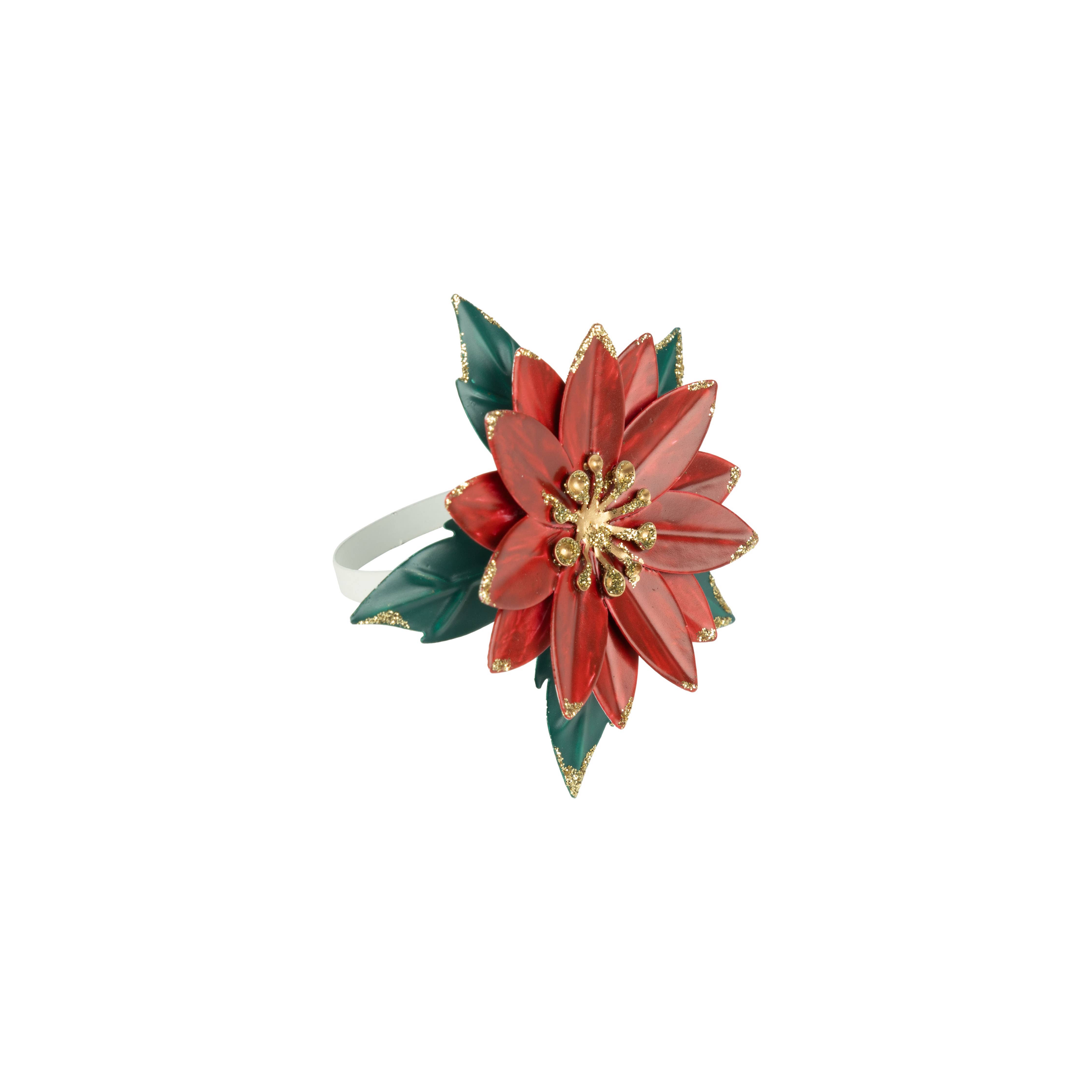 Silver Tree Home & Holiday - Wholesale Ornament - A21733: Painted metal poinsettia napkin ring,red,green,3in0