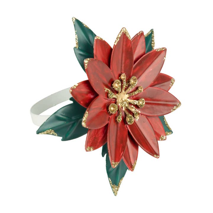 Silver Tree Home & Holiday - Wholesale Ornament - A21733: Painted metal poinsettia napkin ring,red,green,3in0
