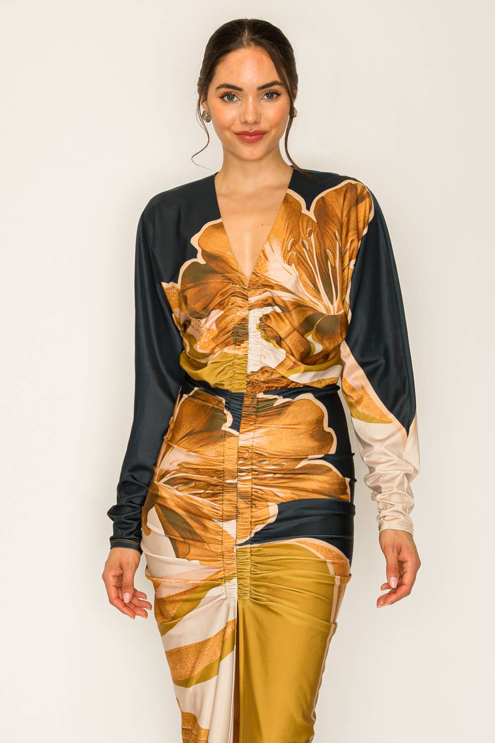 NAVY COMBO BD4049_Front Ruched V-Neck Midi Dress for wholesale on Faire1