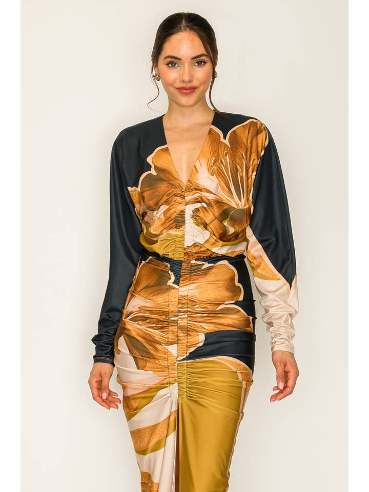 NAVY COMBO BD4049_Front Ruched V-Neck Midi Dress for wholesale on Faire1