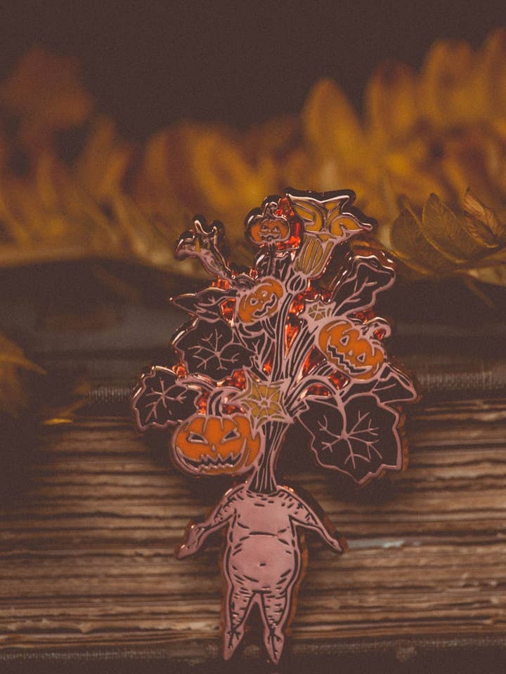 Jack-o-Lantern Mandrake - Enamel Pin for wholesale by The Pickety Witch