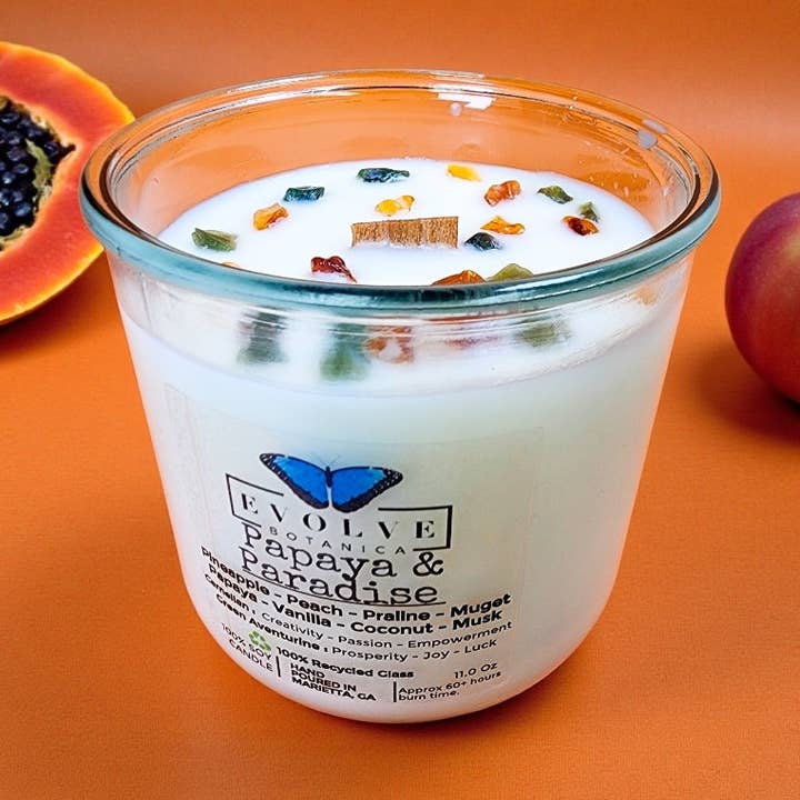 Rocks Candle - Papaya & Paradise (Wood Wick Soy Candle Carnelian Green Aventurine) for wholesale by Evolve Botanica