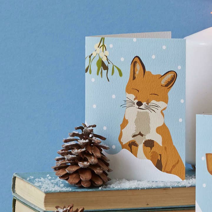 Christmas Fox Card with mistletoe for wholesale by Lorna Syson