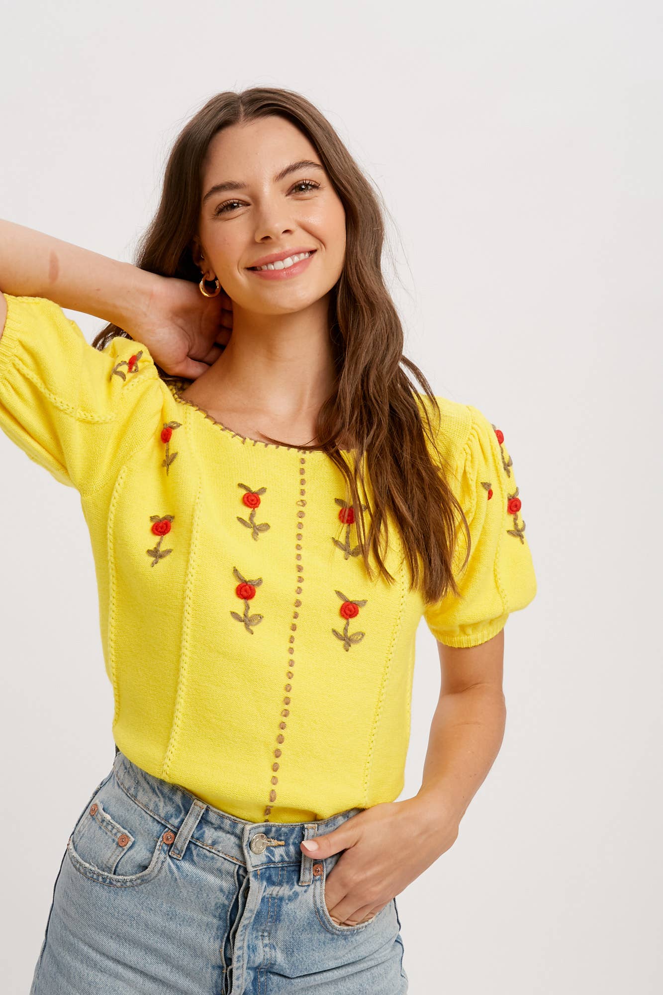 Gelb Besticktes Strickoberteil mit Puffärmeln LSW0677 für den Großhandel auf Faire0