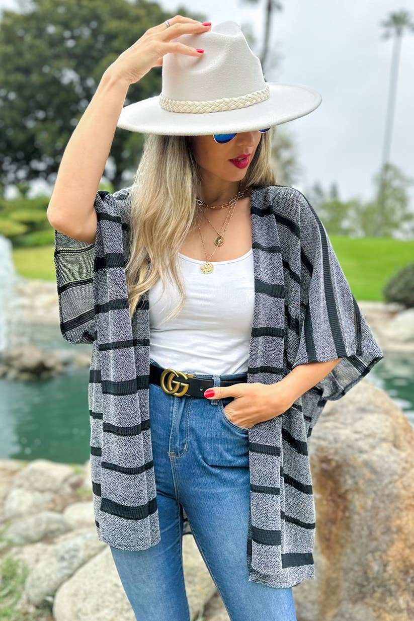 Black Stripe Print Knitted Kimono Cardigan Cover Up for wholesale on Faire1