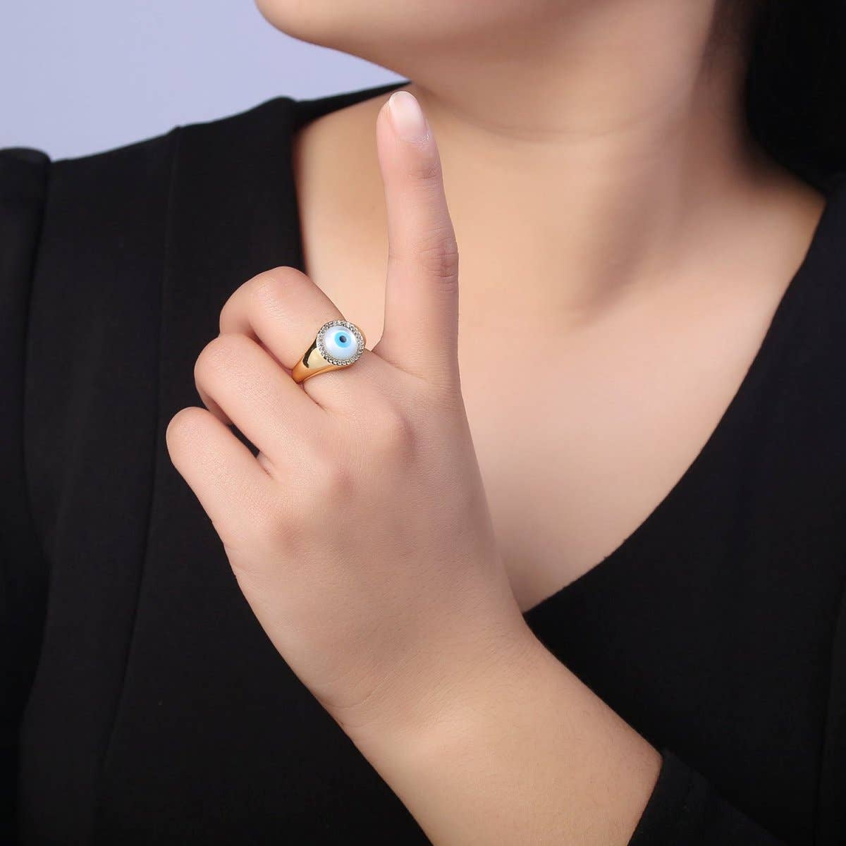 Aim Eternal - Wholesale Cocktail/Statement Ring - 14K Gold Filled Micro Pave Evil Eye Blue Dome Ring Open Adjustable Ring U-4741