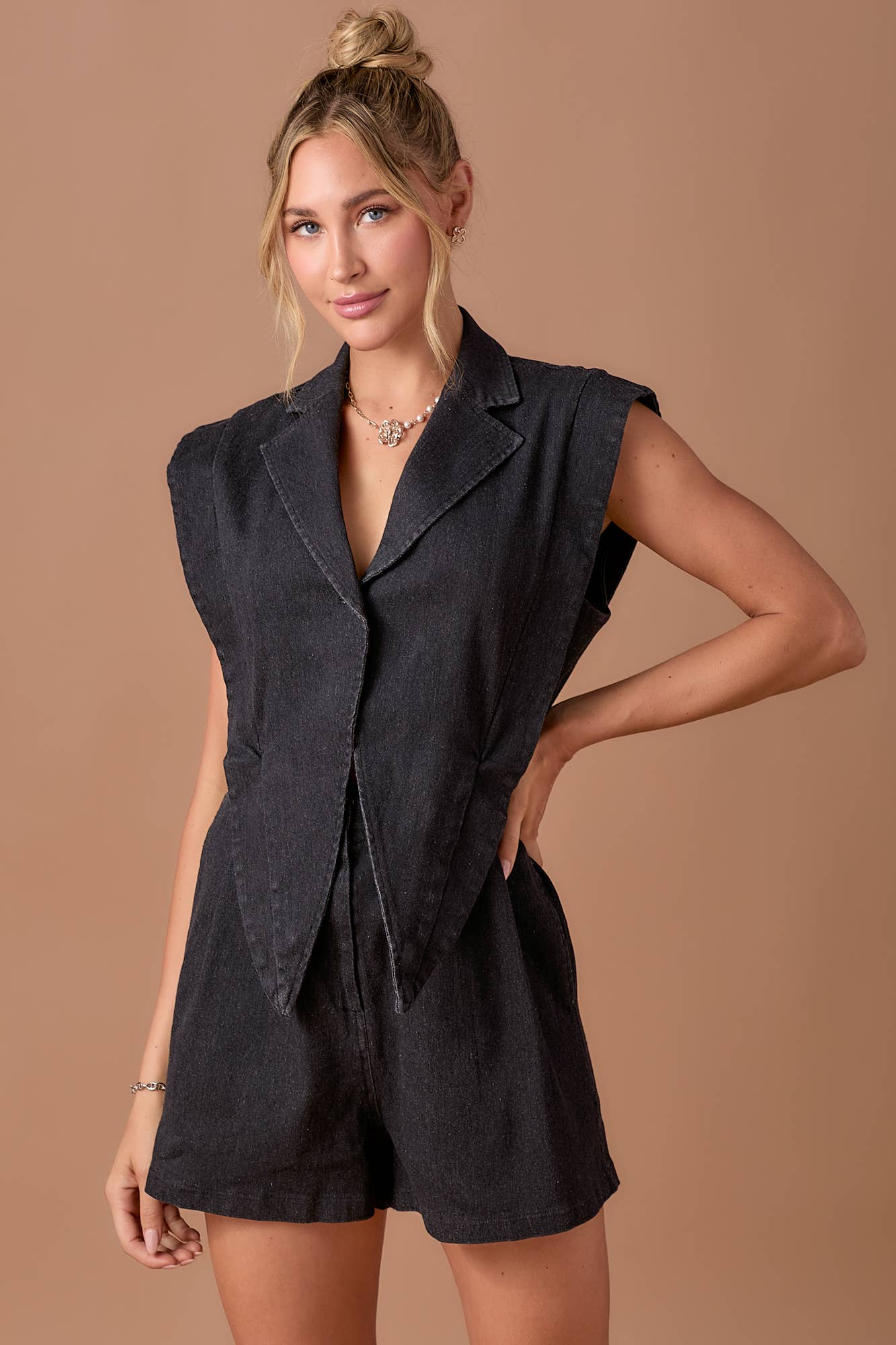 BABY PINK - Wholesale Romper - Women's - Blazer style 2fer denim romper27