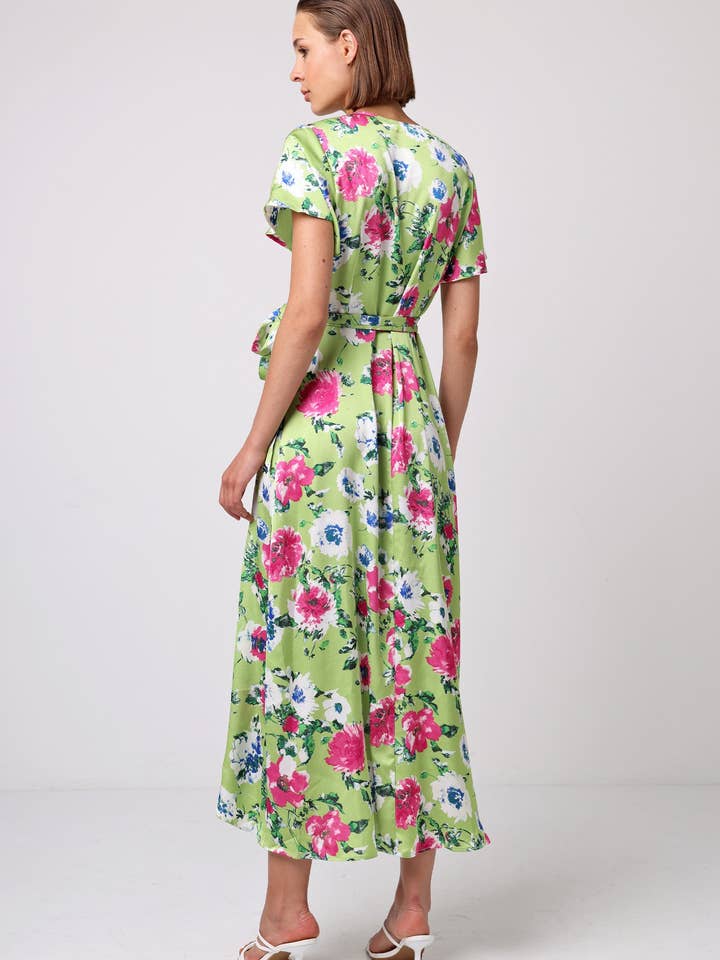 ANGELEYE - Wholesale Dress - Women's - Angel Sleeve Tie Wrap Dress in Green Floral Print
