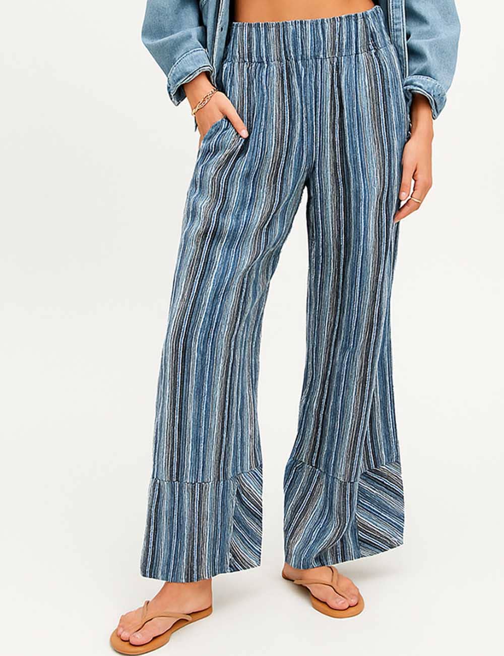 Sweetkama – wholesale Pants – Women's – Ladies Striped Elastic Waist Pockets Wide Leg Pants2