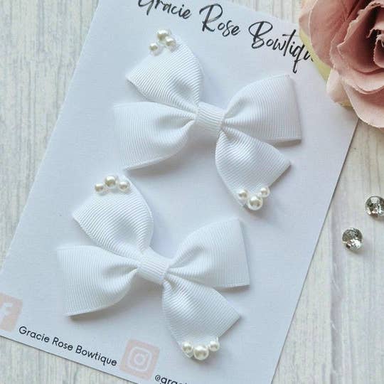 White Ribbon Hair Bows with Pearls: Flower Girl Pigtail Clips (Set of 2) for wholesale by Gracie Rose Bowtique