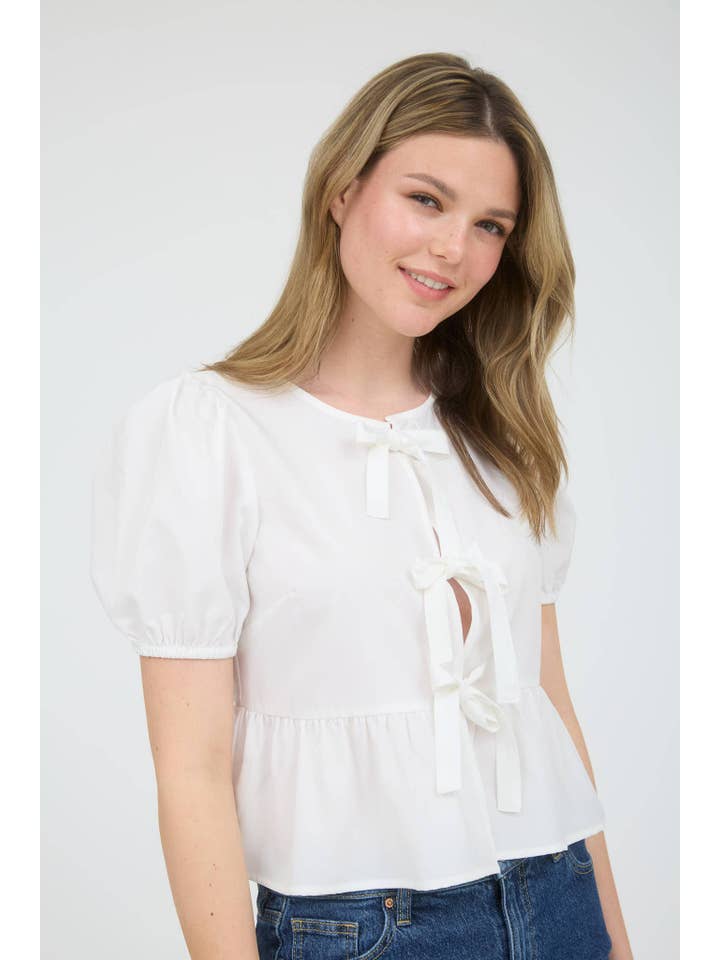 MINE - Wholesale Blouse - Women's - BOW FRONT TIE PUFF SLEEVE WOVEN TOP