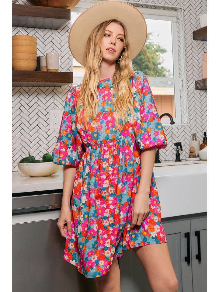 Blue Fashion-W Floral Tie Split Neck Bubble Sleeve Babydoll Dress for wholesale on Faire