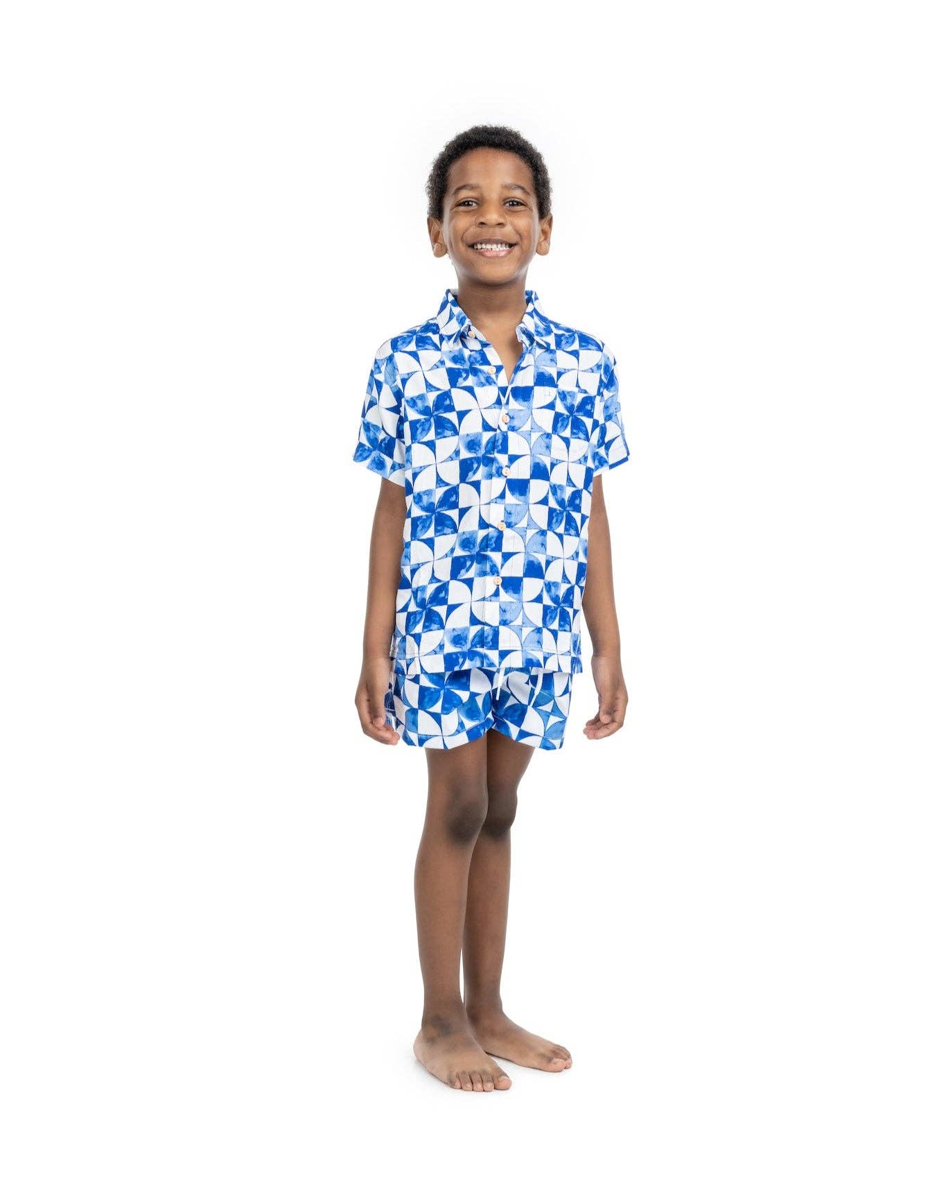 Boys Blue and White Print Swim Trunks for wholesale on Faire2