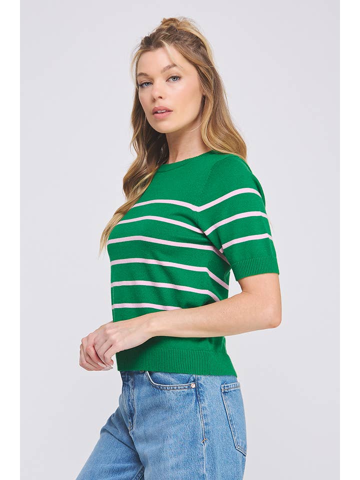 Allie Rose - Wholesale Knit Top - Women's - Soft Fine Gauge Short Slv Preppy Striped Top