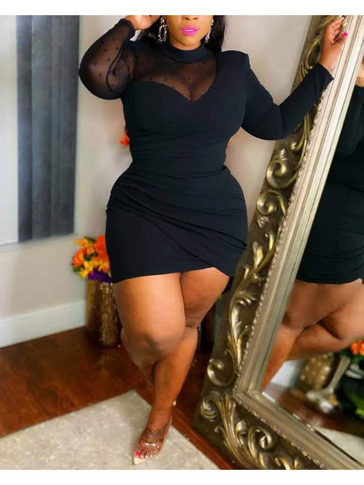 BLACK plus size contrast mesh ruched bodycon dress for wholesale on Faire