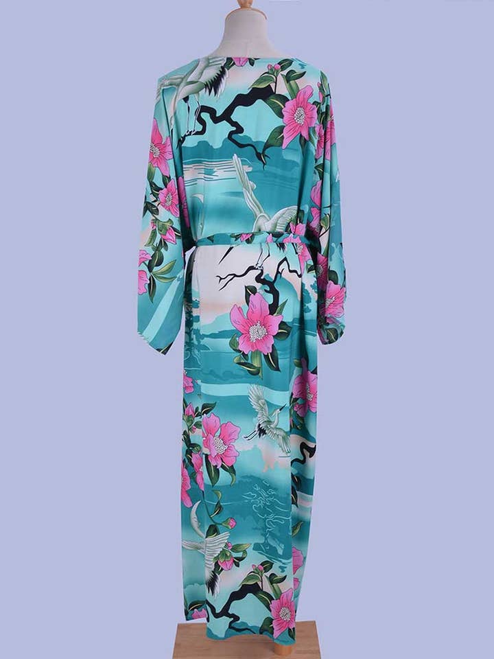 Strandkläder Lång Kimono Blommönster Grön Färg Rayon Långlång Klänning Robe Kimono för wholesale av StyleGalX