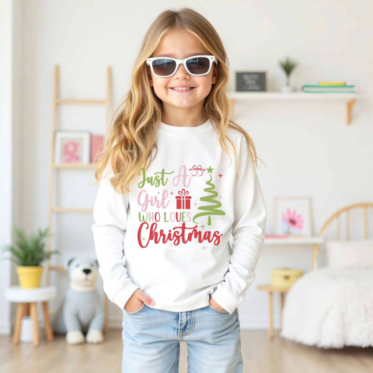 Initial Request - Vente T-shirt sérigraphié – enfant - Juste une fille qui aime le t-shirt à manches longues de Noël pour filles0