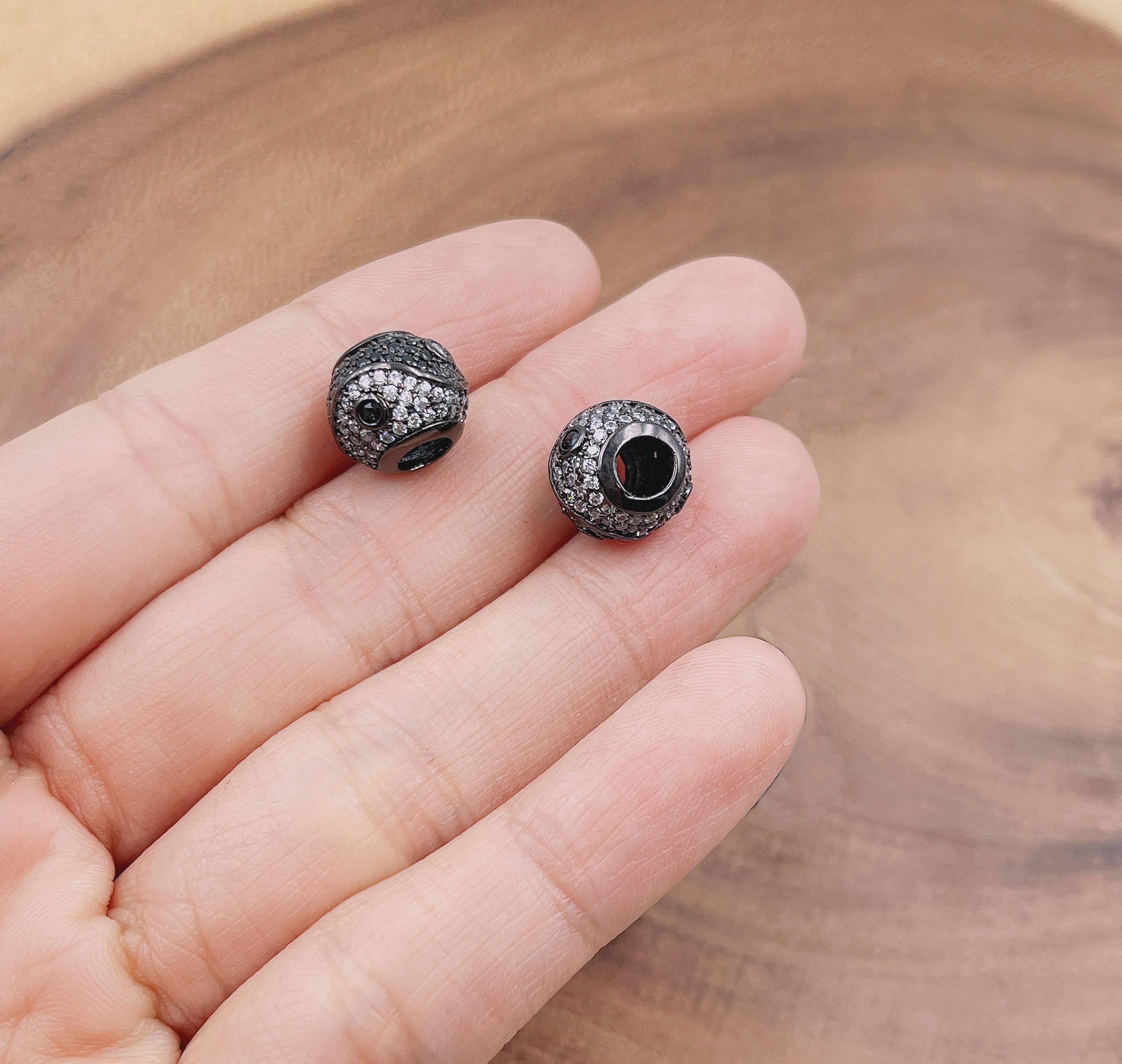 Beads Creation - Wholesale Stud/Post Earrings - Cz Pave Yin and Yang Black Ball Large Hole Spacer Bead BD130