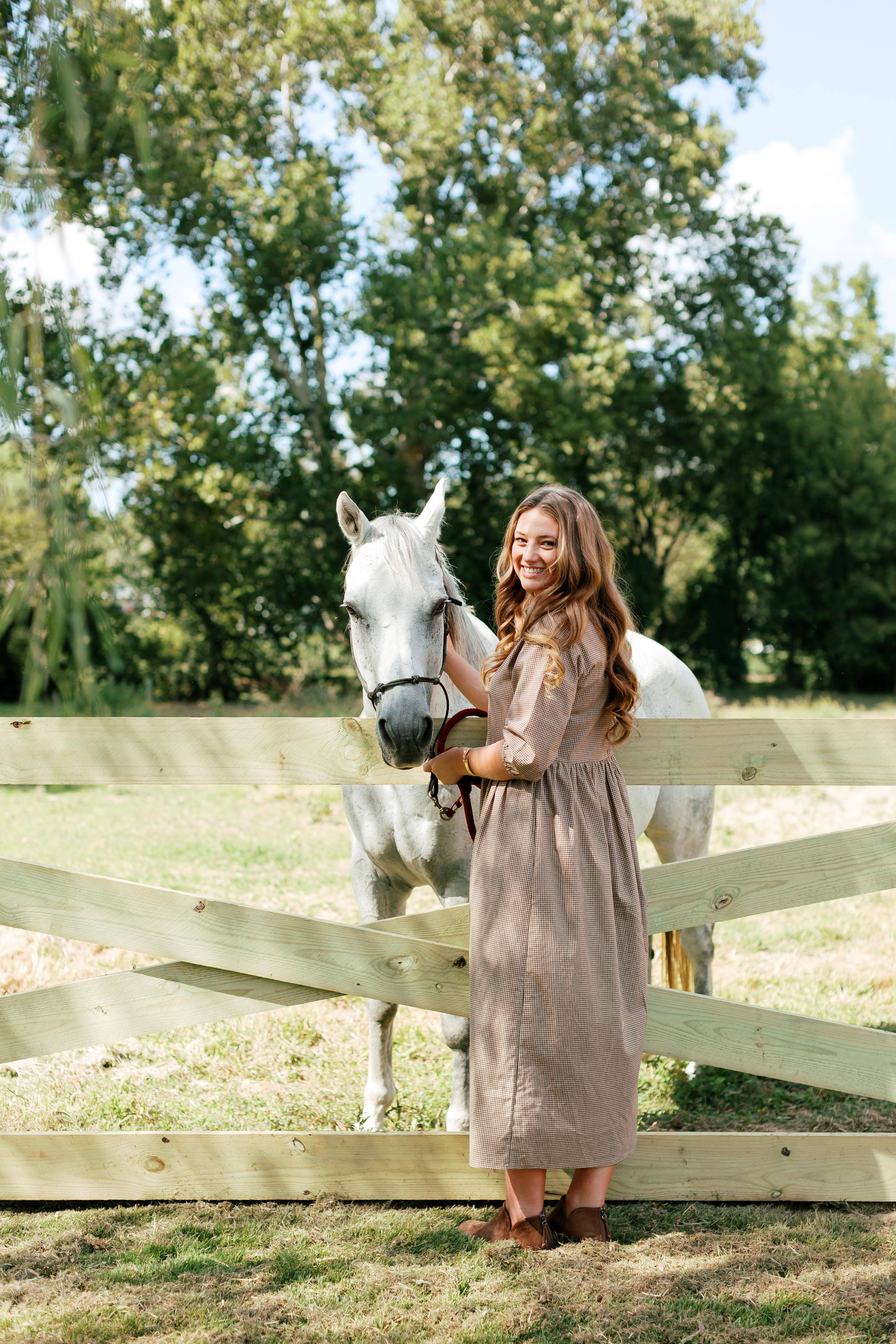 Brown 'Beth' Cotton Gingham Maxi Dress for wholesale on Faire18
