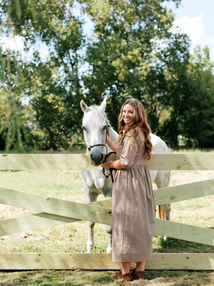 Brown 'Beth' Cotton Gingham Maxi Dress for wholesale on Faire18