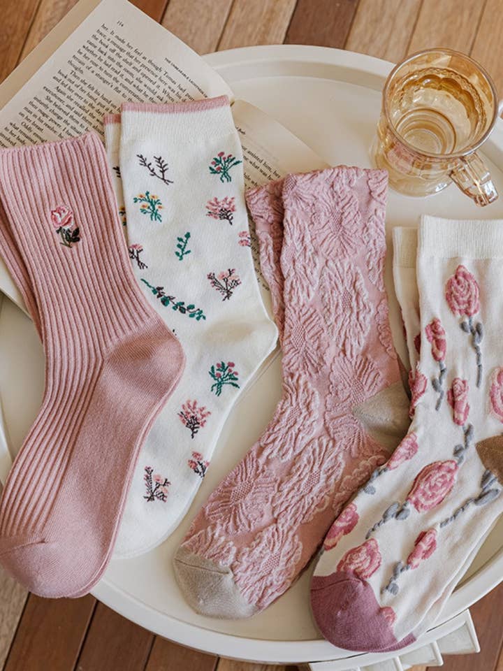 Assorted pair per pack pattern per pair min packs pairs JCS015 White-Pink Floral Spring/Summer Socks for wholesale on Faire