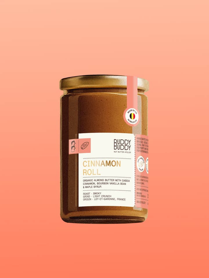 Organic Cinnamon Roll Almond Butter for wholesale by BUDDY BUDDY