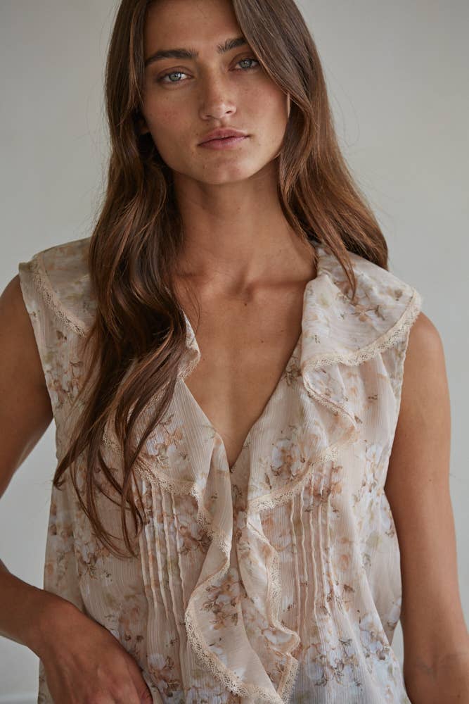 Taupe Multi L9385T1 | Woven Polyester Floral Print V-Neck Sleeveless Top for wholesale on Faire2