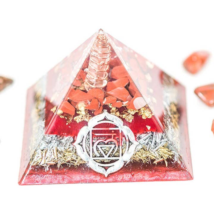 Medium Orgonite® Pyramid Chakra Series With Red Jasper, Root Chakra, Orgone Generator® for wholesale by Spirit Elevations