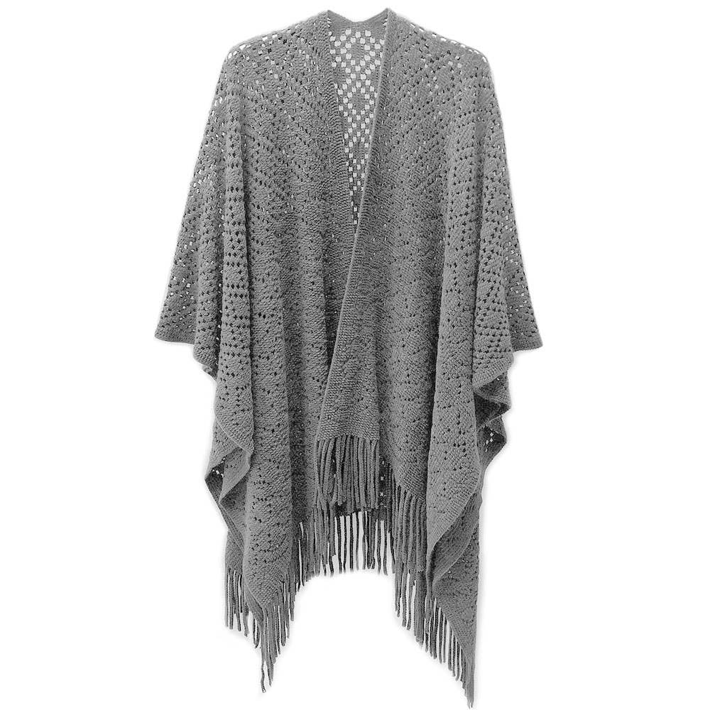 Sensibling Corp. - Wholesale Poncho - Women's - Fringe Open Knit Crochet Draped Shawl Wrap Ruana Poncho5