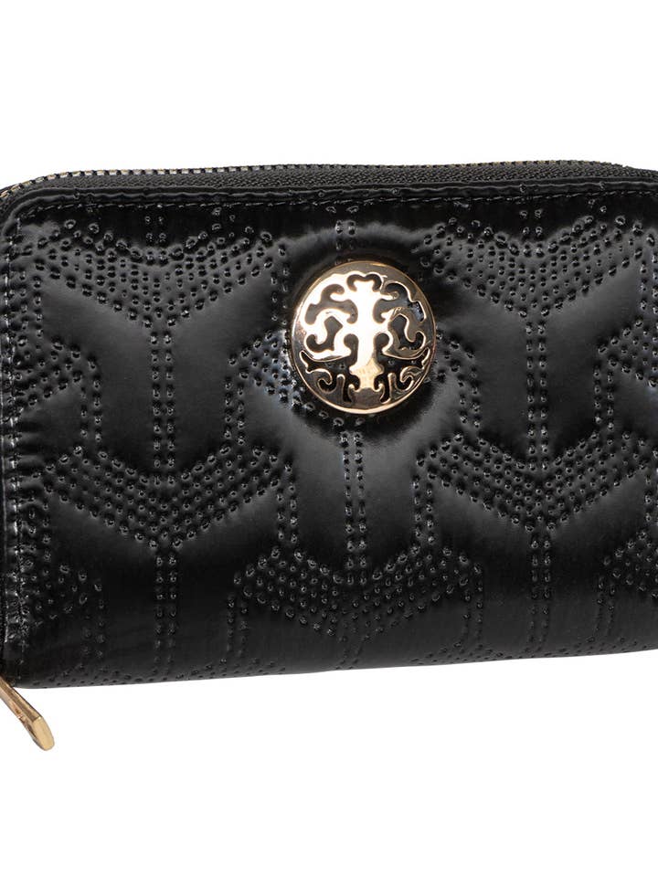 Rebecca & Rifka Patent Geometric Quilt Medallion Zip Indexer Wallet for wholesale by Magid