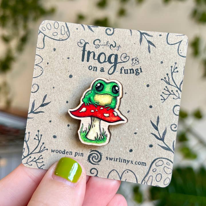 Frog on a Fungi Wooden Pin for wholesale by SwirliNyx