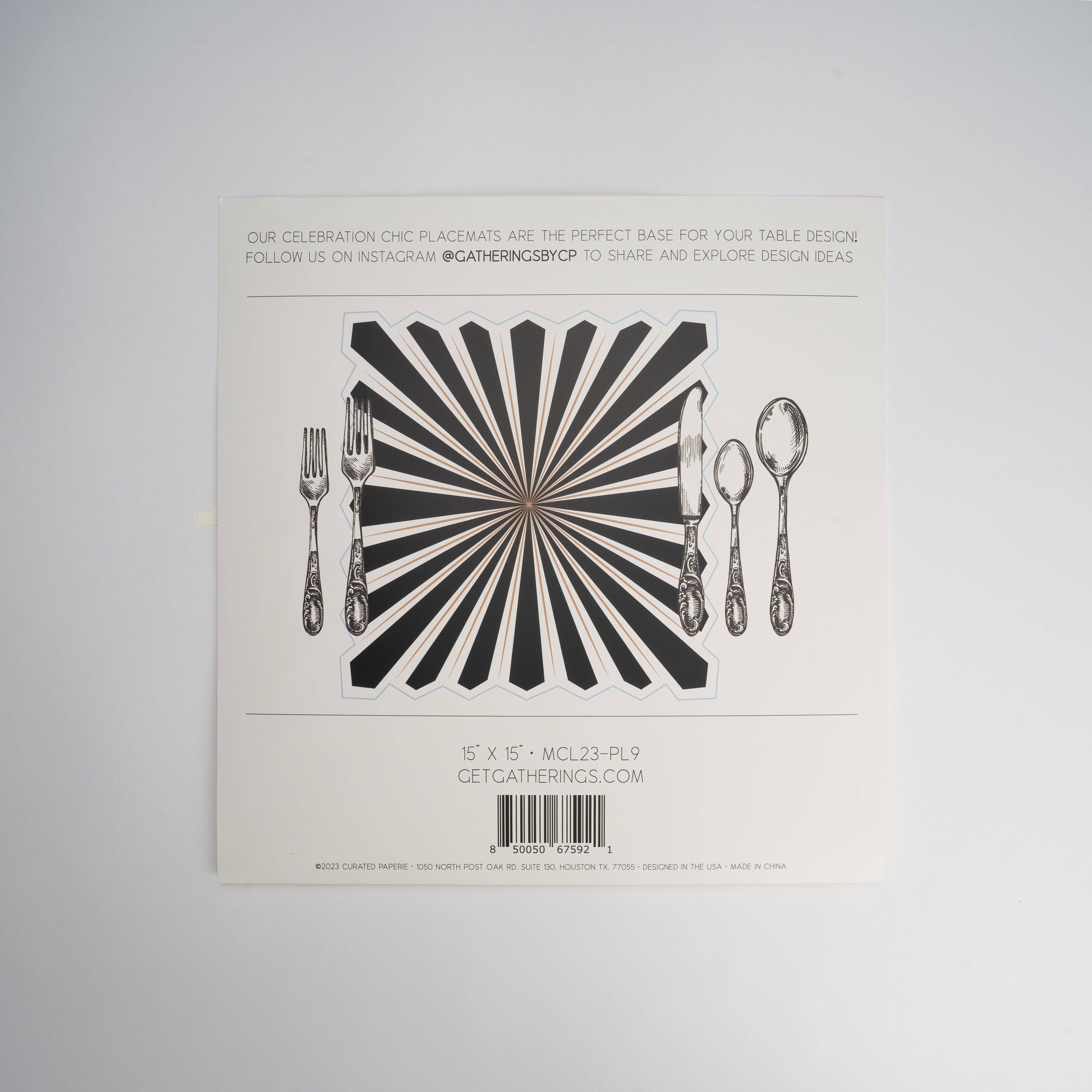 Gatherings by Curated Paperie - Venta al por mayor Mantelito desechable - MCL23-PL9- Mantel de Papel Chic de Celebración Negro con Foil Dorado6