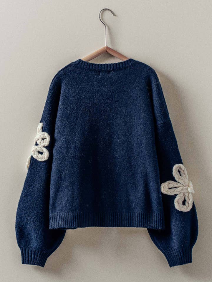 NAVY Chunky Floral Appliqué Knit Sweater for wholesale on Faire1