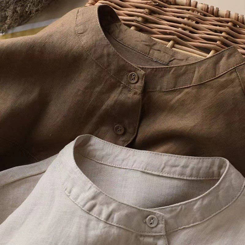 FurDecoration - Wholesale Blouse - Women's - Casual Loose Ramie Cotton Blouse with Solid Color and Long Sleeves2