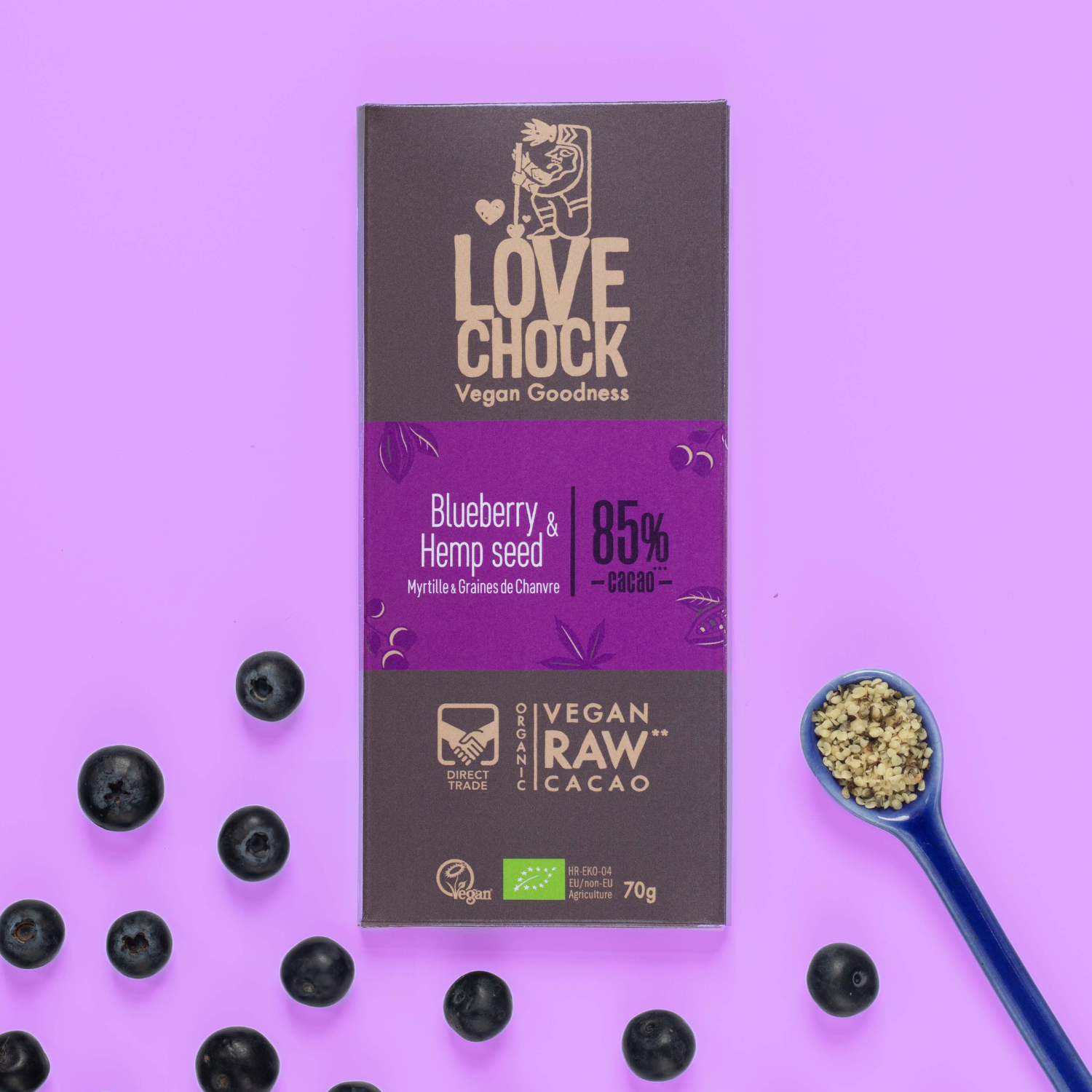 Lovechock NL – wholesale Chokladkaka – 85 % choklad med blåbär och hampafrön – ekologisk, raw, vegansk, hållbar1