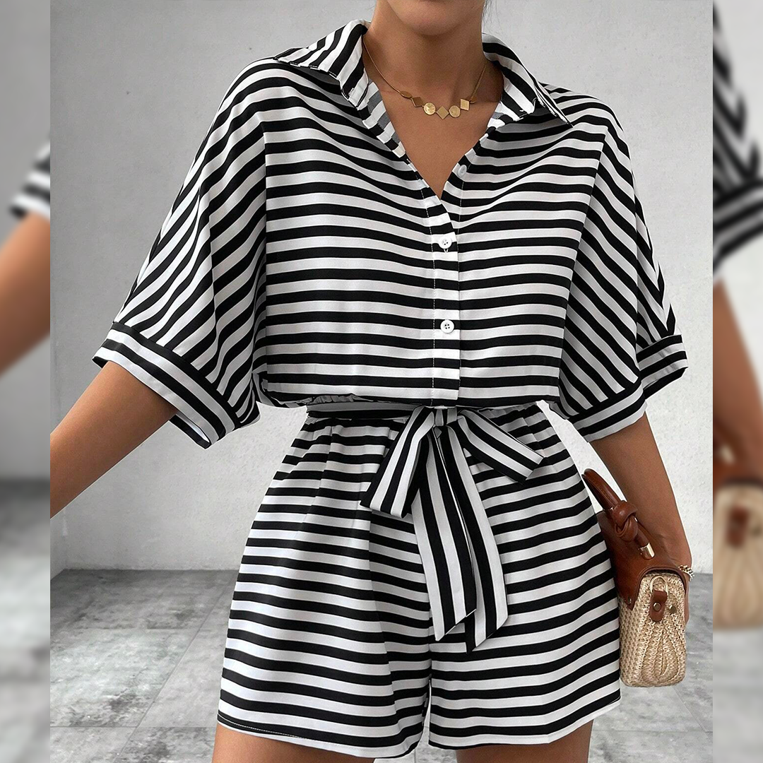 UNISHE - Wholesale Romper - Women's - Summer Striped Lapel Button-Up Belted Shorts Romper AXR1299