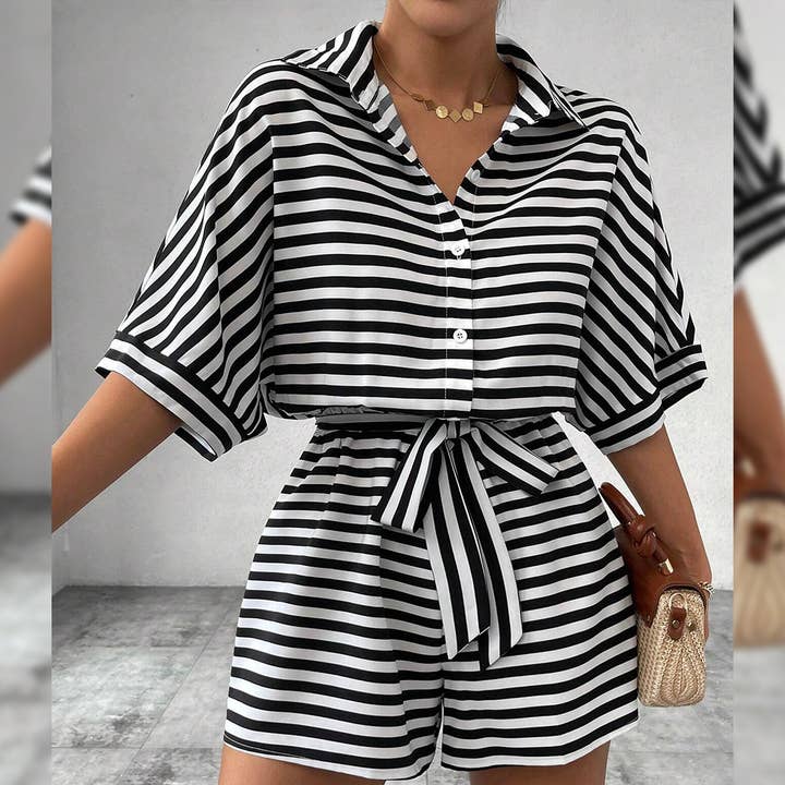 UNISHE - Wholesale Romper - Women's - Summer Striped Lapel Button-Up Belted Shorts Romper AXR1299