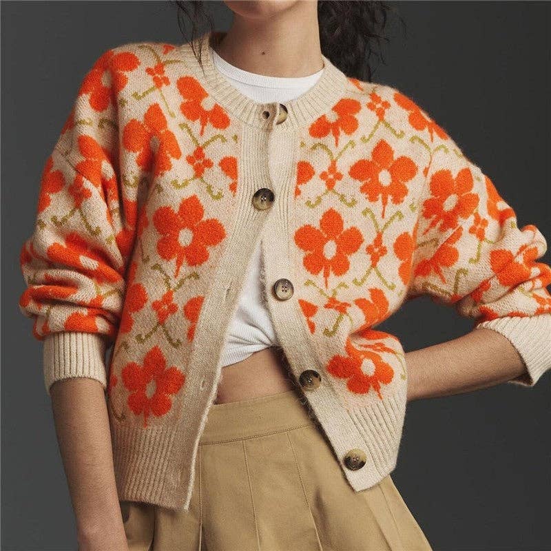Apricot Floral Jacquard Round Neck Cardigan for wholesale on Faire0