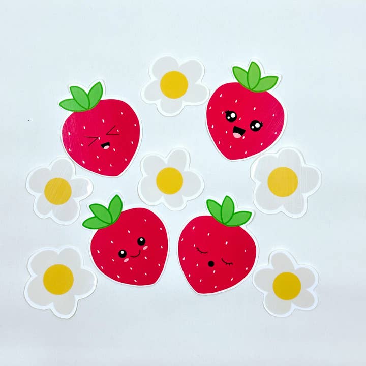 Süßes Erdbeer-Aufkleberset/wasserfester Aufkleber für Wasserflasche, Hydroflasche, Yeti, Laptop, Notizbuch, Planer, Tagebuch usw. für den Großhandel von Saguaro Creative Co.