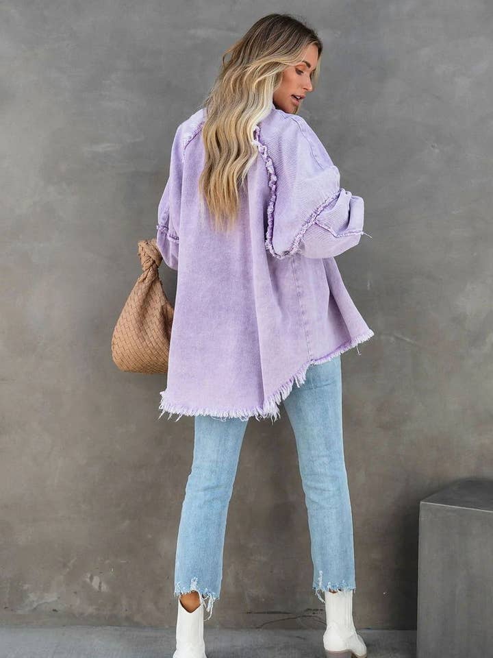 Lily Clothing - Wholesale Jacket - Women's - Loose raw edge patchwork pocket denim shirt jacket9