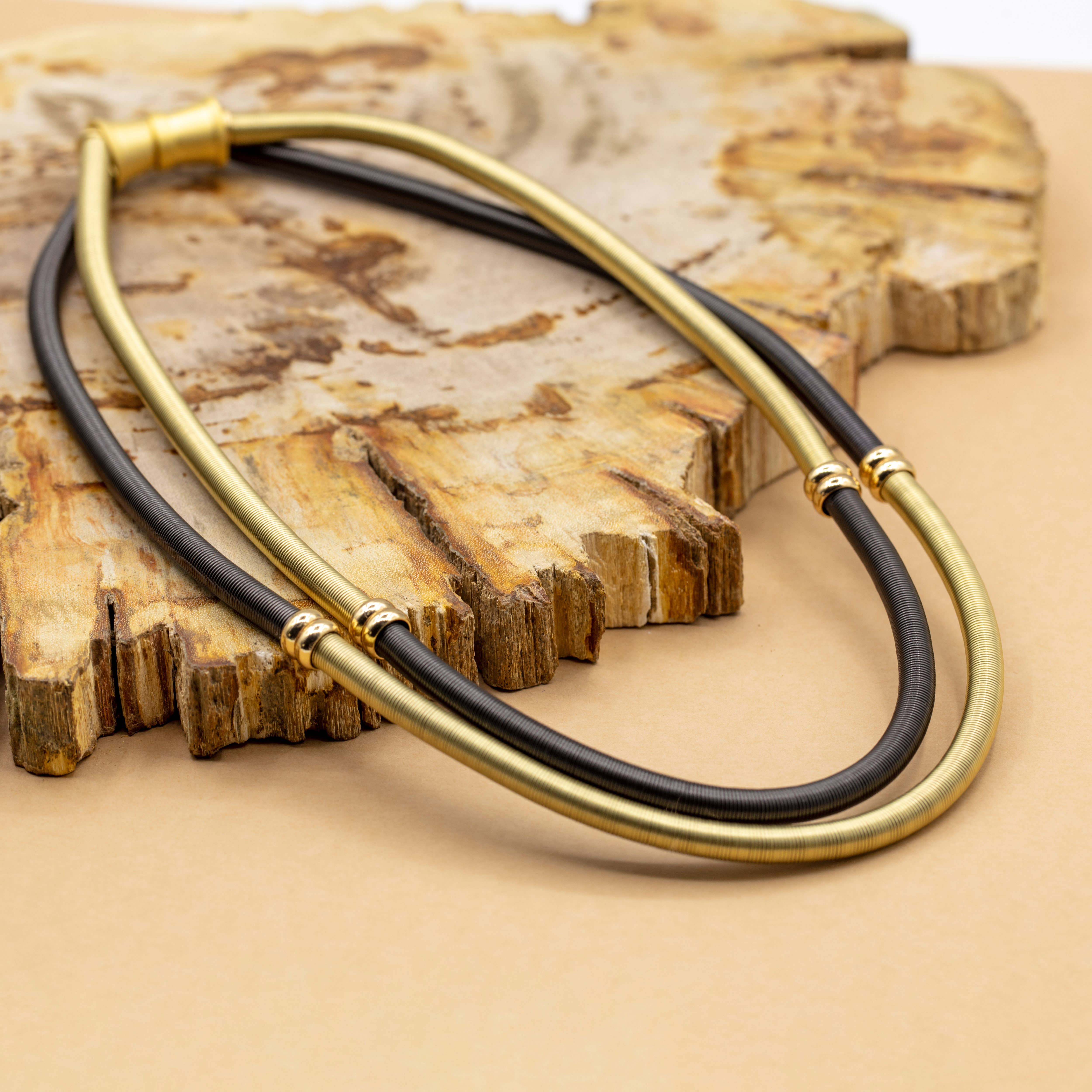 Sea Lily - Wholesale Link & Chain Necklace - 944 BLK/GLD - black/gold two tone double wire necklace with1