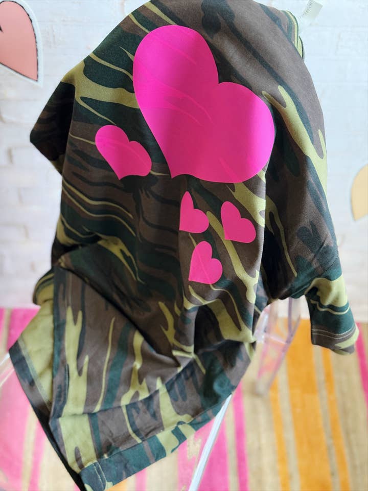 Camo Heart Pop Tee – Camo T-Shirt with Hot Pink Bubble Heart Graphic for wholesale by The Maximalist Boutique
