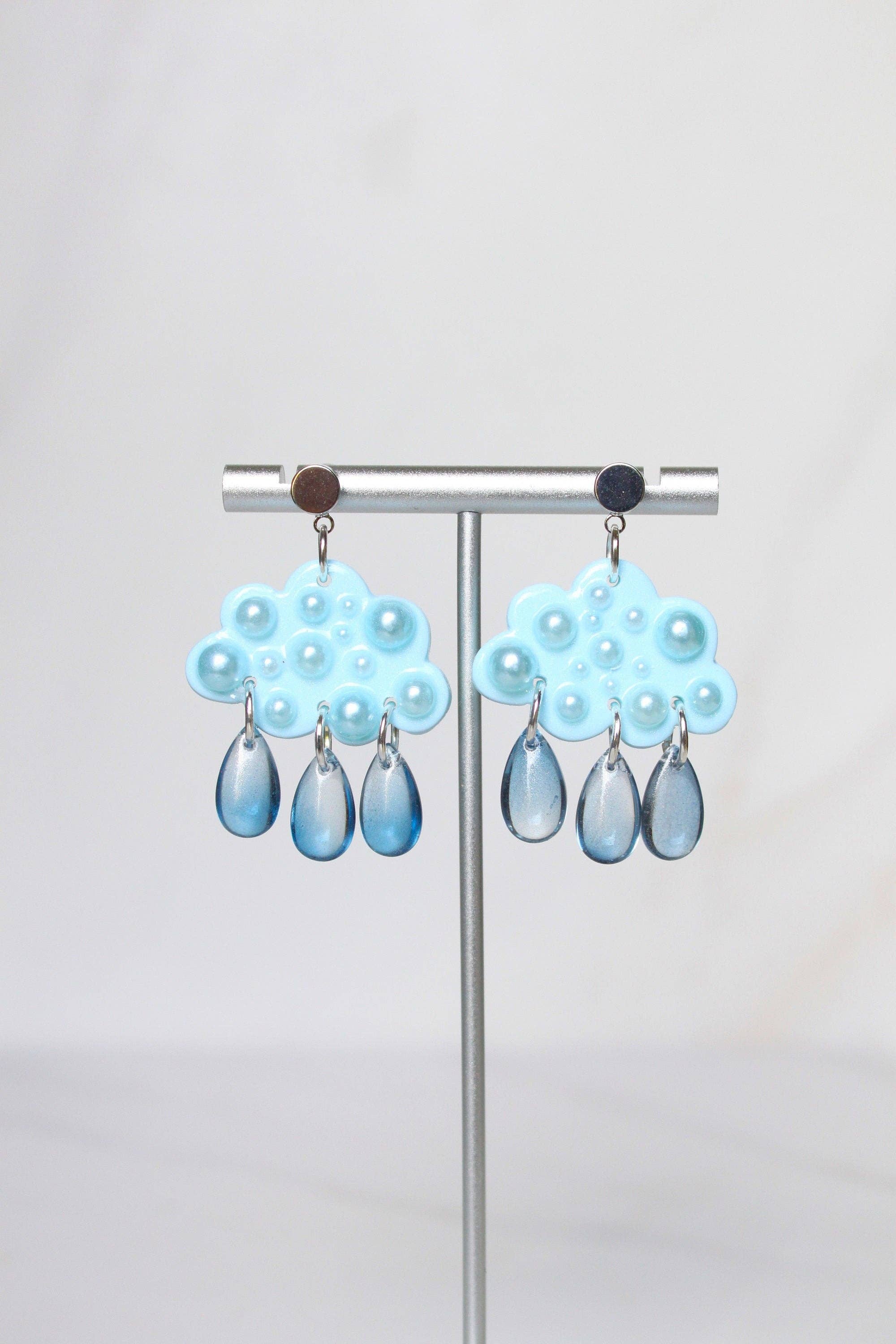 REMOVED BRAND - Wholesale Dangle Earrings - Pearl Clay Cloud Earrings - Cloud Earrings Dangle - Polymer clay statement earrings - Clouds with acrylic rain drops - Rain Cloud Earrings1