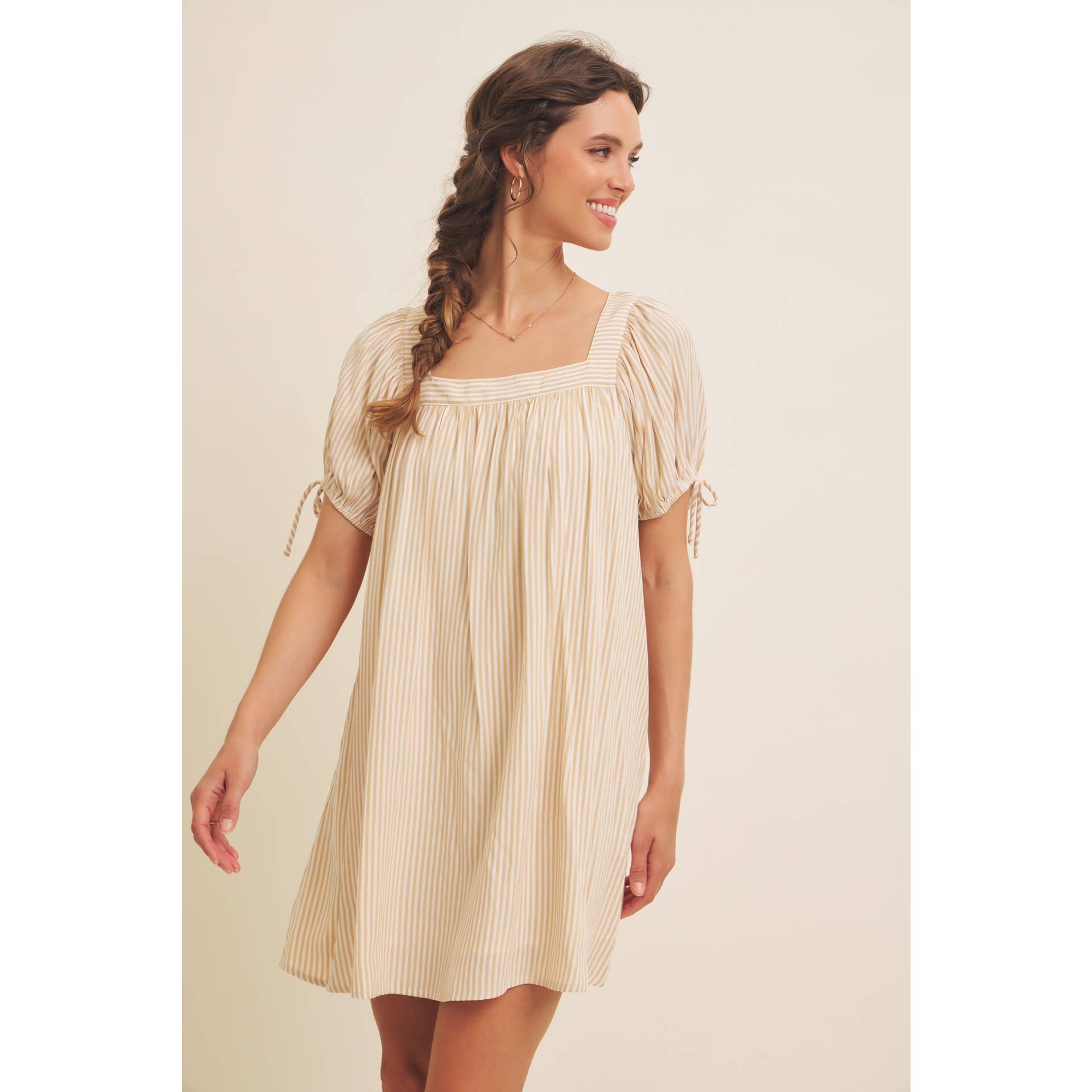 in february - Wholesale Dress - Women's - SQUARE NECK STRIPE FLARE MINI DRESS WITH BOW ON THE SLEEVES23