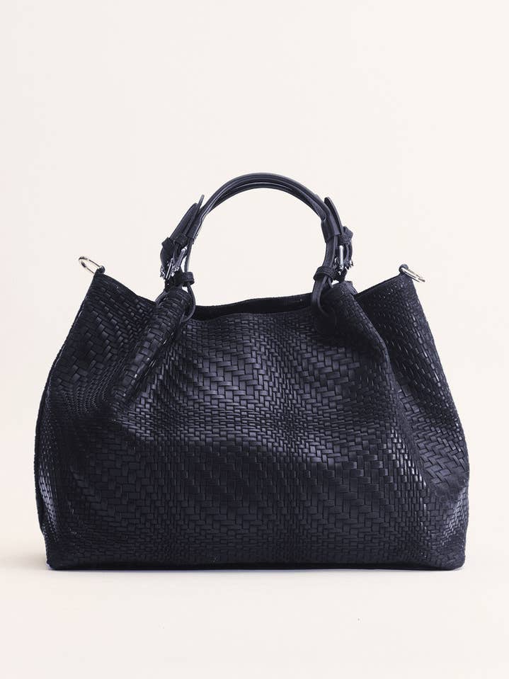 Marta blauwe leren maxitas met geweven print voor wholesale door Modesto Bertotto