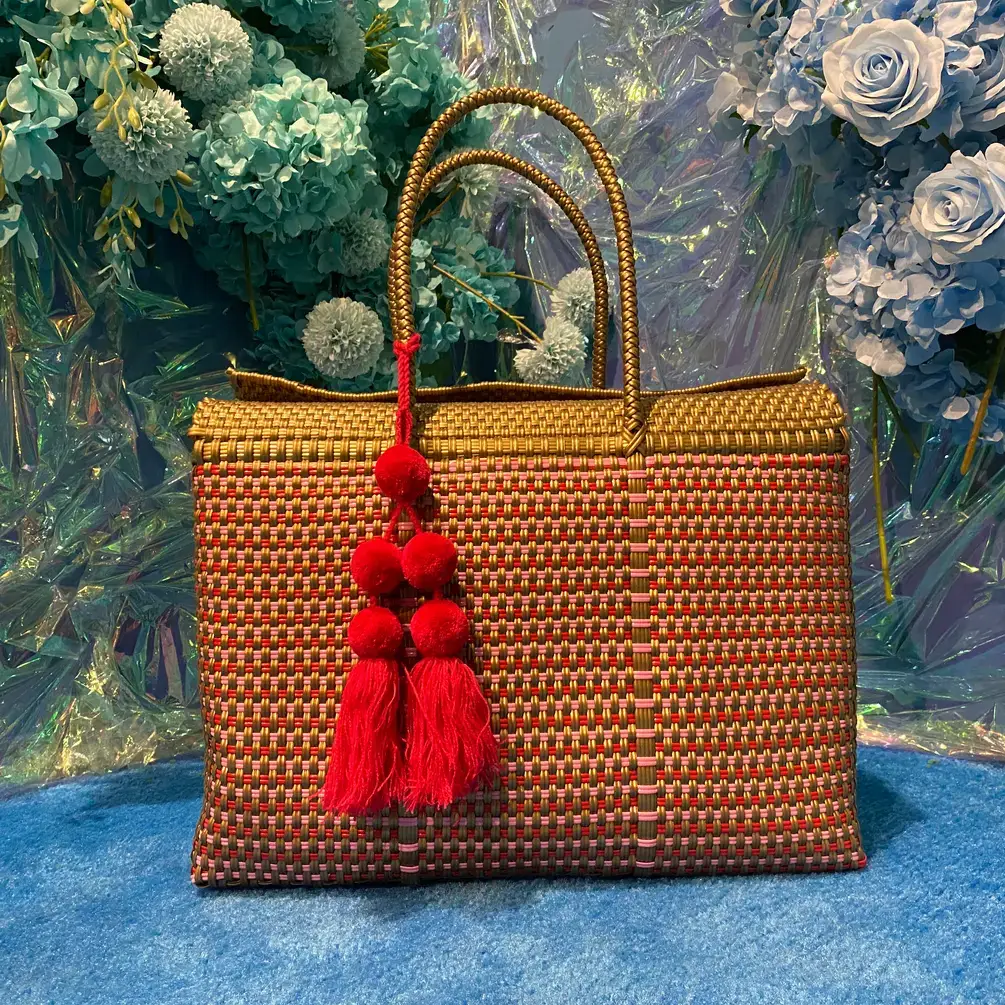 The Faria - Wholesale Beach Bag - Gold and Pink Handwoven recycled plastic beach Bags  2