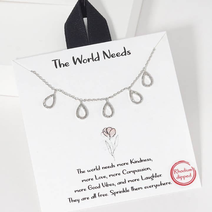 Wild Honey - Wholesale Pendant/Charm Necklace - Five Hammered-Texture Cutout Teardrop Charms 18K-Gold-Dipped Necklace