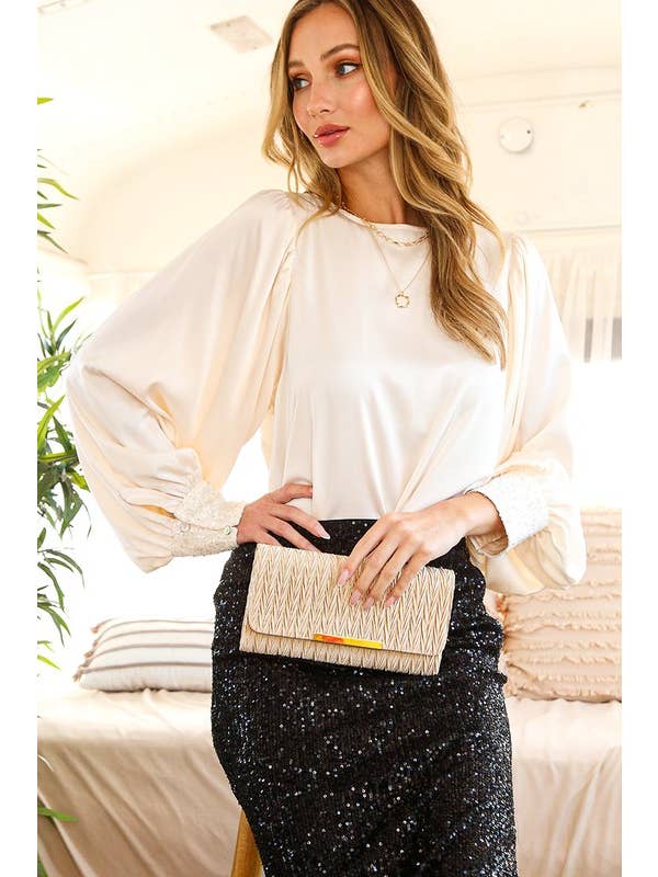 Vine & Love - Wholesale Blouse – Women’s - Sequin Cuff Accent Crew Neck Satin Blouse Top VT8125916